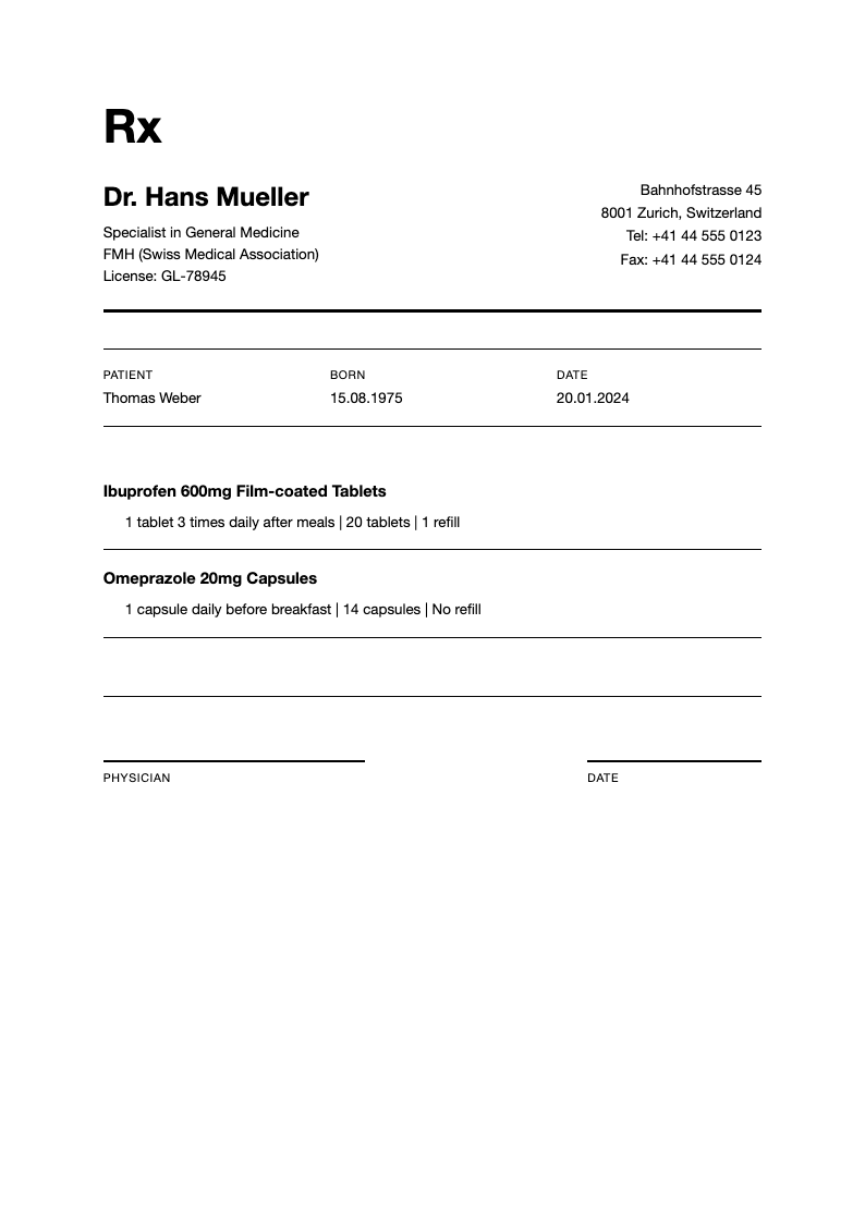 Swiss style prescription template